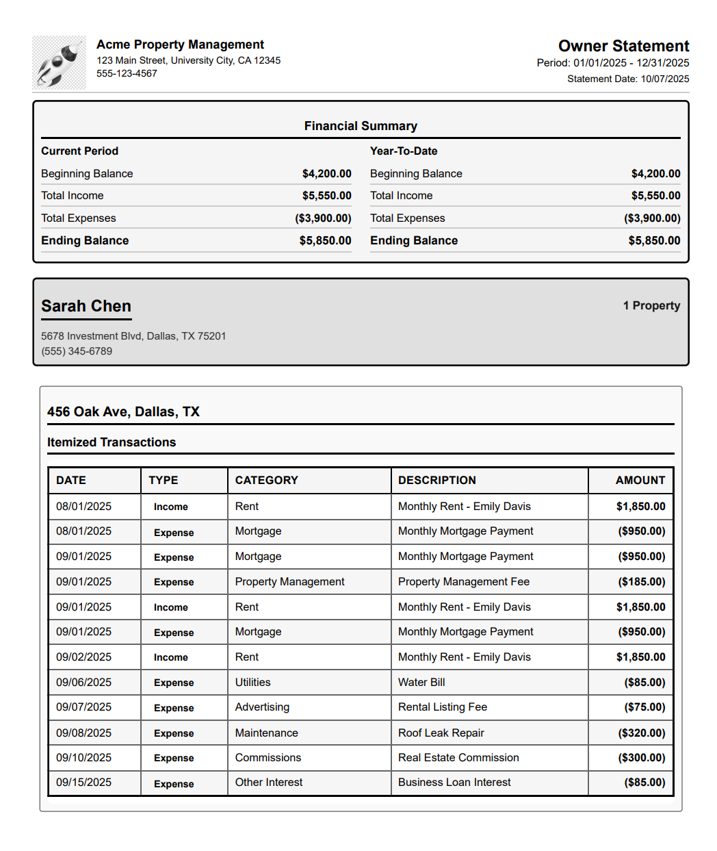 RentalFlow Pro owner statement report with rental income and expense breakdown