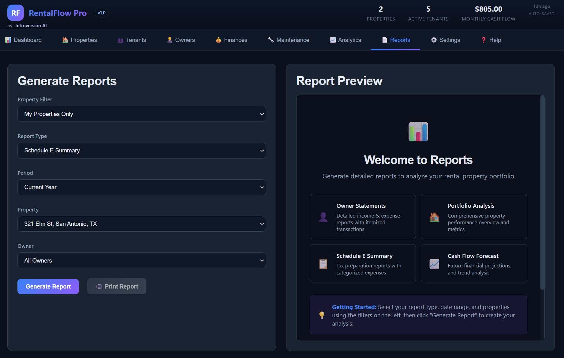 RentalFlow Pro comprehensive reports including owner statements and tax summaries