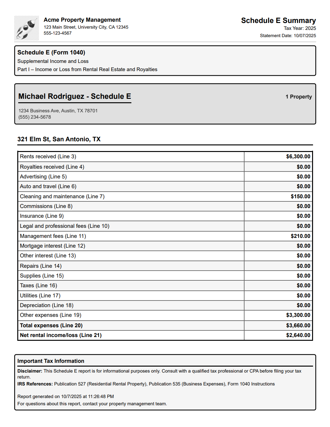 RentalFlow Pro Schedule E tax summary for rental property IRS reporting